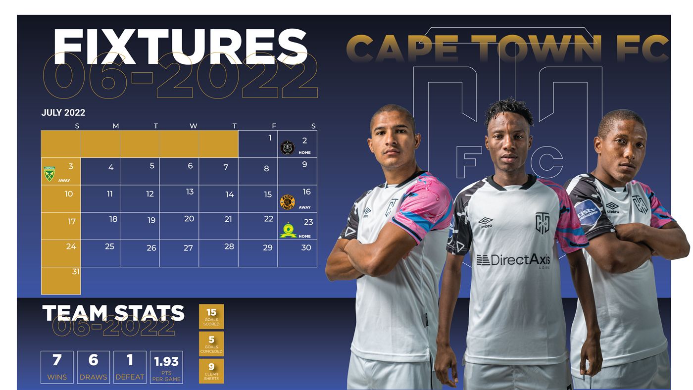 Monthly fixtures post, dark layout.