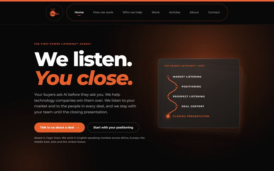 blacfox.com home page hero: We listen. You close.