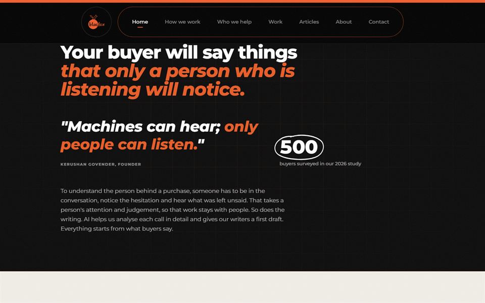 blacfox.com home page section with founder quote.
